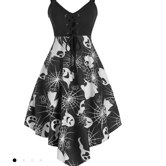 Halloween Ghost Print Lace Up Cami Asymmetrical Dress Medium - Picture 2 of 14